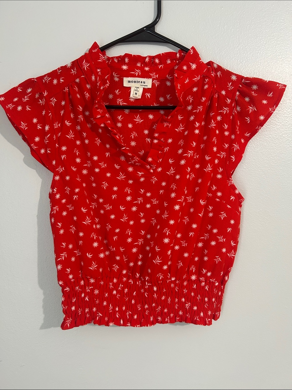 Monteau Red Floral Smocked-Waist Flutter Sleeve Top